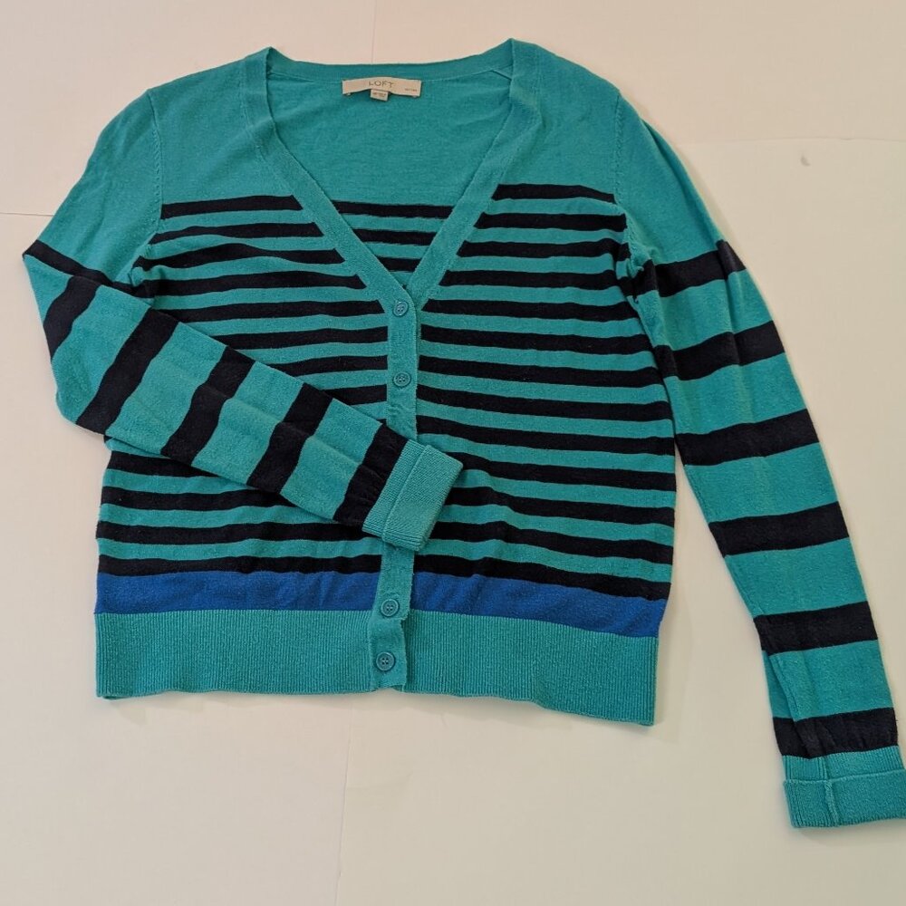 Ann Taylor Loft Long Sleeve Deep V Aqua Turquoise Black Blue Stripes, Size MP